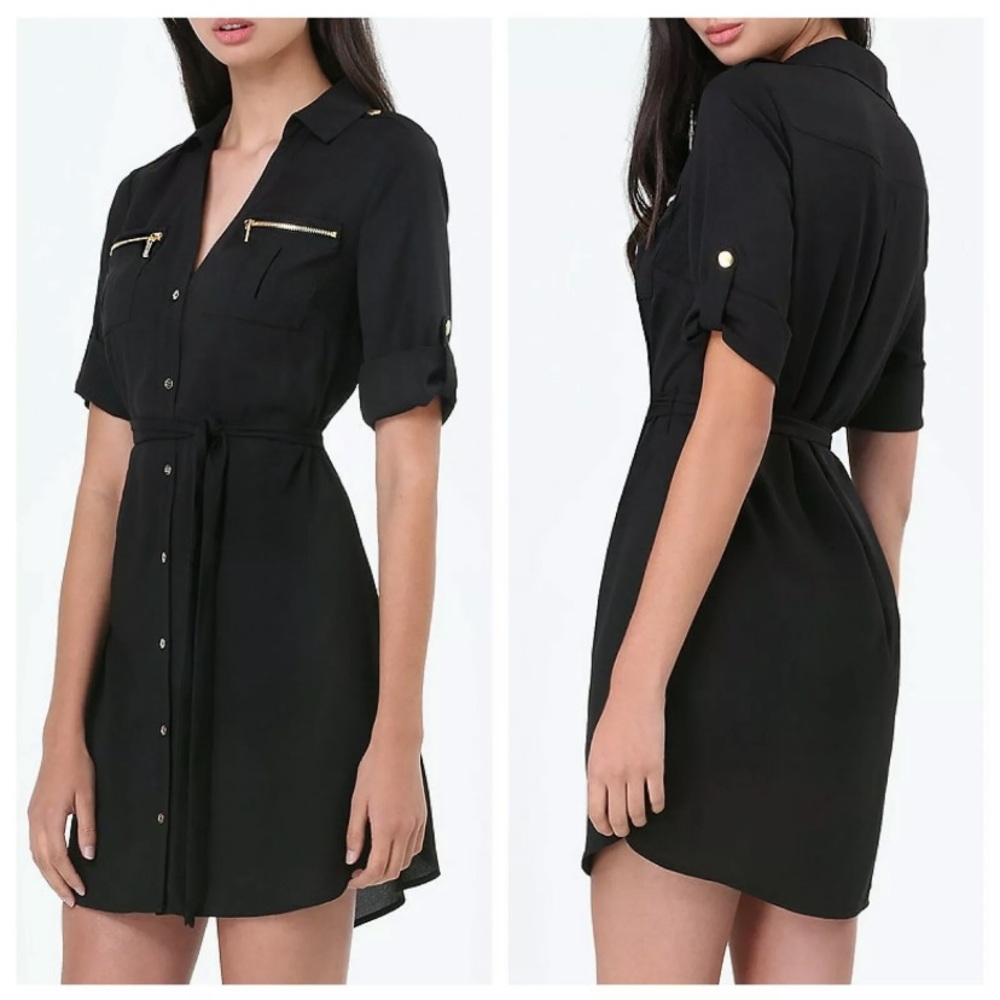 NWT Bebe Black Button Down Zip Front Shirt Dress